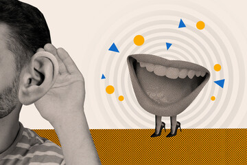 Collage picture magazine of man touching his funny ear hearsay absurd person girl saying secrets...