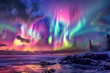 Northern lights in the night sky. Aurora borealis, northern light