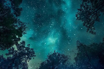 Fototapeta na wymiar Night sky with stars and aurora over silhouettes of trees in the forest. The night sky with stars and the Milky Way over the forest.