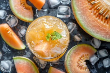 Detail of glass with melon drink with ice and cut fruit around. Top view. Horizontal composition.
