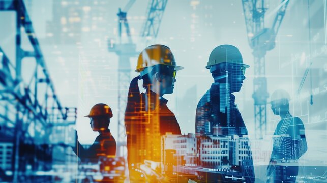 The double exposure image of team engineer building construction project with architect people or construction worker working with modern civil equipment technology, generative ai