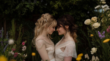 Portrait of two beautiful gay lesbian brides at their wedding photoshoot before their nature wedding ceremony surrounded by flowers