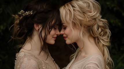 Portrait of two beautiful gay lesbian brides at their wedding photoshoot before their wedding ceremony