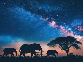 Majestic Elephant Family Walking Beneath a Starry Night Sky