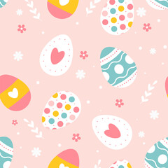 Easter colored eggs simple pattern. Easter eggs seamless pattern with flowers and dots. Easter symbol, decorative vector elements.