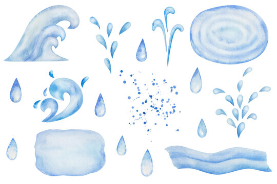 Watercolor set of illustrations. Hand painted blue drops, sea spray, waves, splash of water, fountain. Sea, ocean, river, lake. Blue abstract background. Isolated water clip art elements