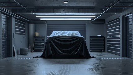 Mysterious car silhouette under cover in a modern clean garage setting - obrazy, fototapety, plakaty