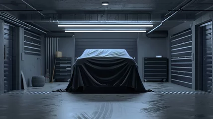 Foto op Plexiglas Mysterious car silhouette under cover in a modern clean garage setting © rorozoa