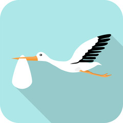 Fototapeta premium A stork carries a baby in its beak. An icon of a stork that carries a child in its beak. Vector, design illustration. Vector.