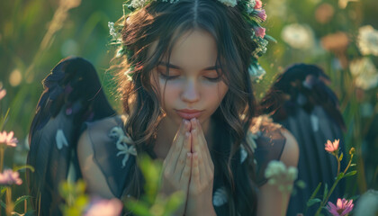 A holy girl with an angelic face and wings against the background of a summer meadow with frames.