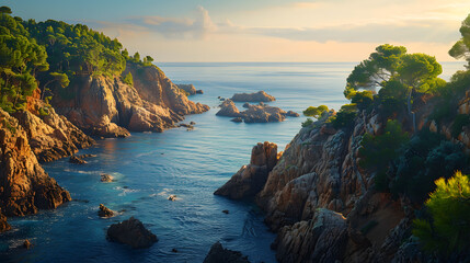 A photo of the Costa Brava coastline, with rocky cliffs as the background, during a serene morning - obrazy, fototapety, plakaty