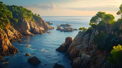 Fototapeten A photo of the Costa Brava coastline, with rocky cliffs as the background, during a serene morning © VirtualCreatures