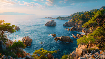 A photo of the Costa Brava coastline, with rocky cliffs as the background, during a serene morning - obrazy, fototapety, plakaty