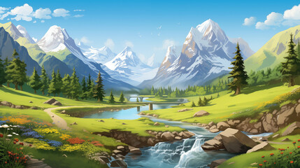 Fototapeta na wymiar Idyllic Mountain Valley with River and Waterfall - Animated Scenery