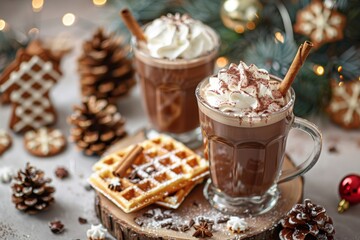 Detail of hot chocolate with waffles on Christmas decorated table with sweets in the background. Elevated view. Horizontal composition.