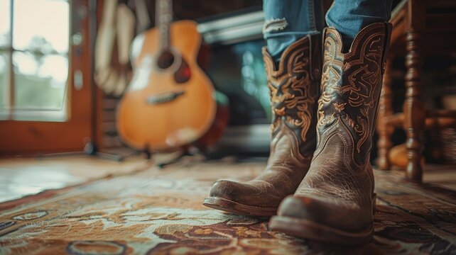 Country music vibe with vintage cowboy boots and a classic guitar