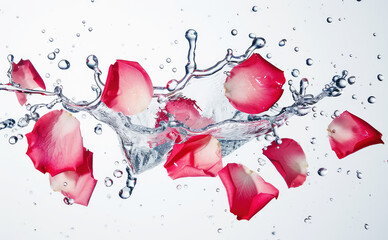 fragrant red rose petals fly in a splash of water on a white background