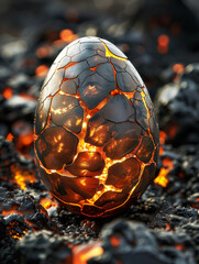A mythical dragon egg resting on a bed of lava rock
