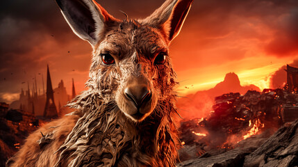 A dirty looking kangaroo is staring at the camera in a fiery landscape