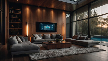 Contemporary residence with integrated smart devices speakers, lights, and thermostat streamlined through a single control, showcasing modern home automation.