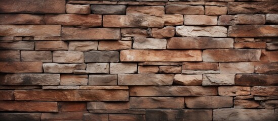 Obraz premium A closeup of a brown brick wall showcasing the rectangular shapes of the bricks. The building material is a composite of wood and brickwork, highlighting the hardwood used in construction