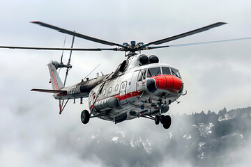 A helicopter used for rescue purposes lands among the rocky terrain of the mountains, employing its navigation and maneuvering ability to effectively provide aid in the isolated area.