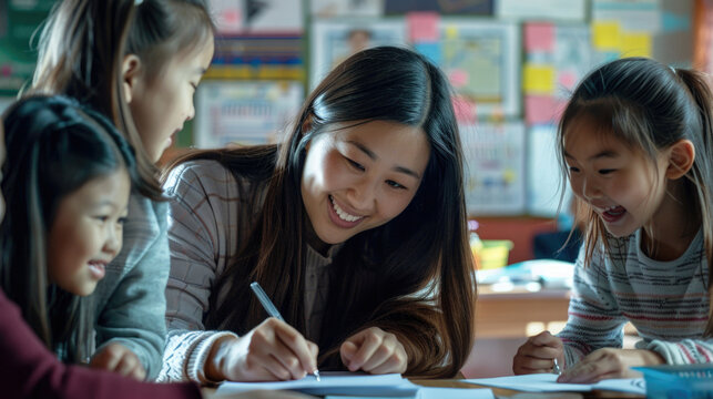Young asian female teacher and little children in classroom writing or drawing on paper