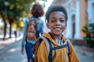 Cute african american boy with backpack walking or going to school. Back to school vibes