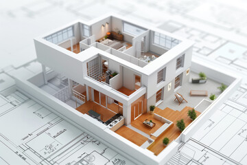 3D model of a beautiful modern house standing on the architect's drawing, interior design concept and houses