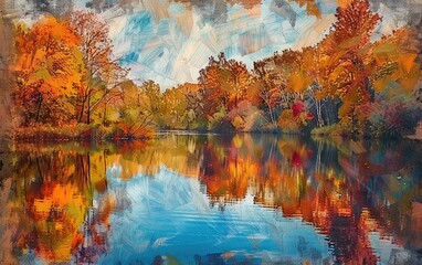 Tranquil Autumn Lake Nestled Among Vibrant Trees on Earth Day