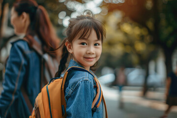 Cute asian girl with backpack walking or going to school. Back to school vibes