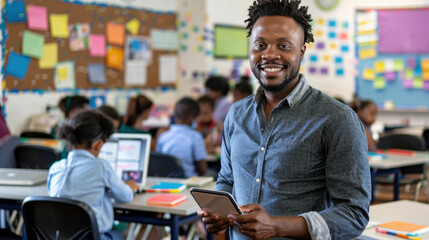 Obraz premium African American smiling teacher standing in front and holding a tablet, with students working at desks behind him