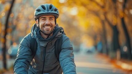 Joyful Cyclist Enjoying Autumn Ride, beaming man with a helmet enjoys a leisurely bike ride on a tree-lined path, autumn leaves adding a golden hue to the scene - Powered by Adobe
