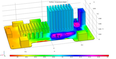 Computer 3d modeling of temperature distribution  on surface of printed circuit board of electronic device and pcb components ( capacitor, integrated circuit, radiator ).  Thermal analysis. © TKalinovskaya
