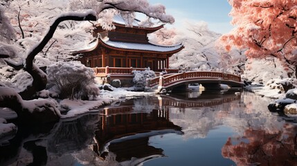 A Japanese temple surrounded by snow-covered cherry blossoms stands at the end of a beautiful bridge covered in snow, creating a winter landscape. Concept: temples of Japan, cherry blossoms, winter