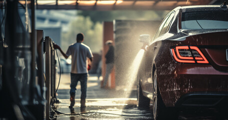 car sprays foam, Worker washing car, self service car, Cleaning car, Advertising, Banner, high pressure water - obrazy, fototapety, plakaty