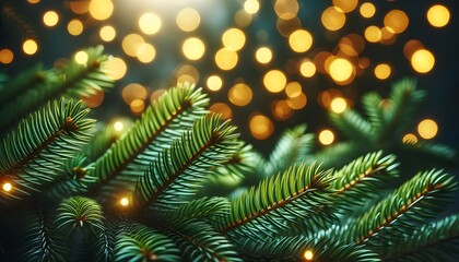 christmas tree background, Vibrant pine needles fill the frame, highlighted by the soft golden shimmer of festive lights in the blurred background, creating a holiday ambiance.