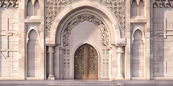 A traditional Arabian arch with intricate designs,Islamic Background Wallpaper with Door and Pillars and Religious Art Pattern,A finely carved patterns in Islamic architecture.
