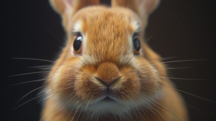 An endearing close-up of a brown rabbit, with a gentle gaze and long whiskers against a dark background.