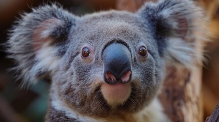 A close-up portrait of a koala, capturing its fuzzy ears, big nose, and the curious gaze in its eyes.