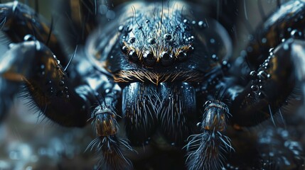 Droplets of water cling to the intricate details of a spider's body in this stunning macro photography shot.