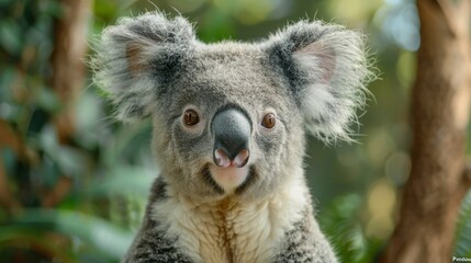 A koala gazes gently at the camera, its fluffy ears prominent, against the soft green backdrop of its natural habitat.