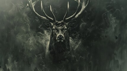 A majestic stag with impressive antlers emerges from an ethereal mist, creating a sense of mystery and wilderness.