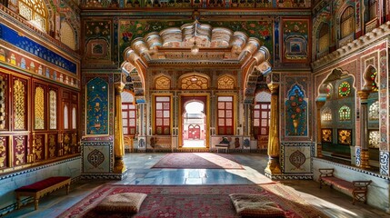 Fototapeta na wymiar Ornately decorated room inside the palace of the Maharjah of Bikaner. Rajasthan, India