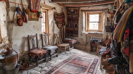 Pictures from Balti Heritage home and Museum, display the village home, century-old utensils, horse saddle, and vibrant clothing of the Ladakhi people. The old mud house was constructed 140 years ago. - obrazy, fototapety, plakaty