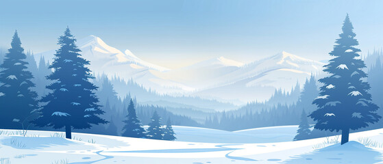 Majestic snowy peaks rise behind a forest of pine trees under a clear blue sky.
