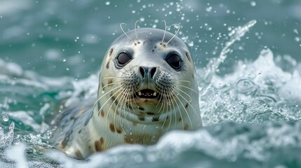 Fototapeta premium A harbor seal's face emerges from the sparkling ocean waters, its whiskers and curious eyes capturing the playful essence of marine life.