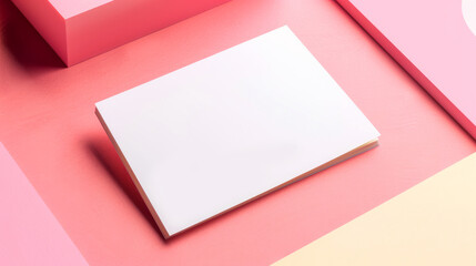 Flat lay of a blank white business card on a colorful pink and blue background with soft shadows for design mockup