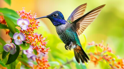 Fototapeta premium Blue hummingbird hovering in mid-air while extracting nectar from orange and yellow blossoms