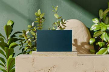 Contemporary mockup display with a teal business card atop a minimalist stand, natural shadows cast by foliage